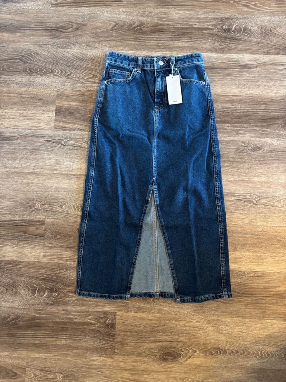 Mango Dark Blue Denim Midi Skirt with Front Vent